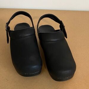 Dansko Dark Leather Clogs with Strap